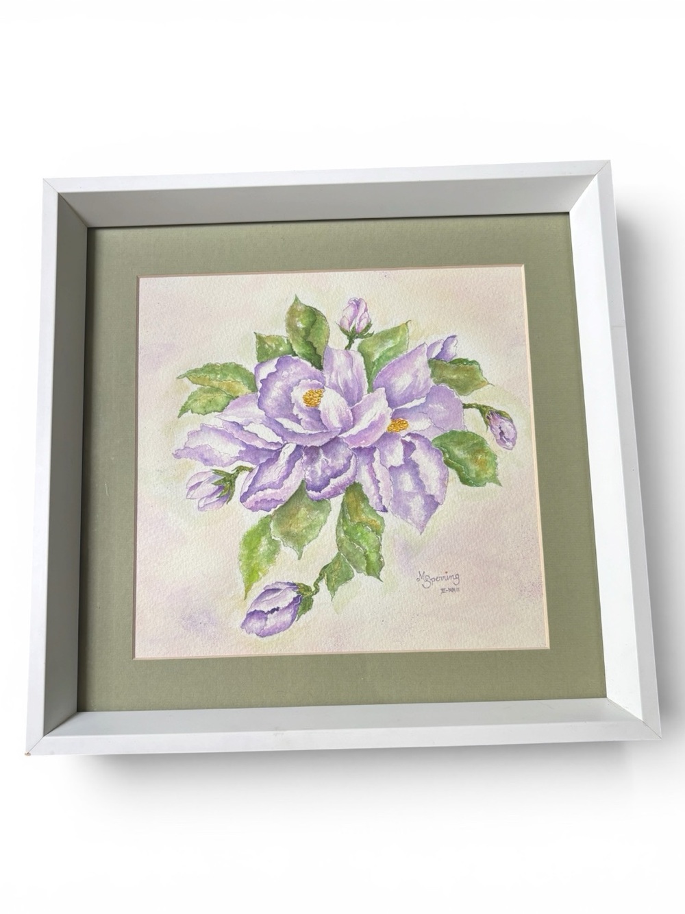 Original Watercolor Painting Purple Floral Still Life Framed Matted M Sperring